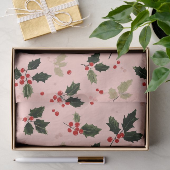 Papel De Seda Red berries and holly on pink (Regalo )