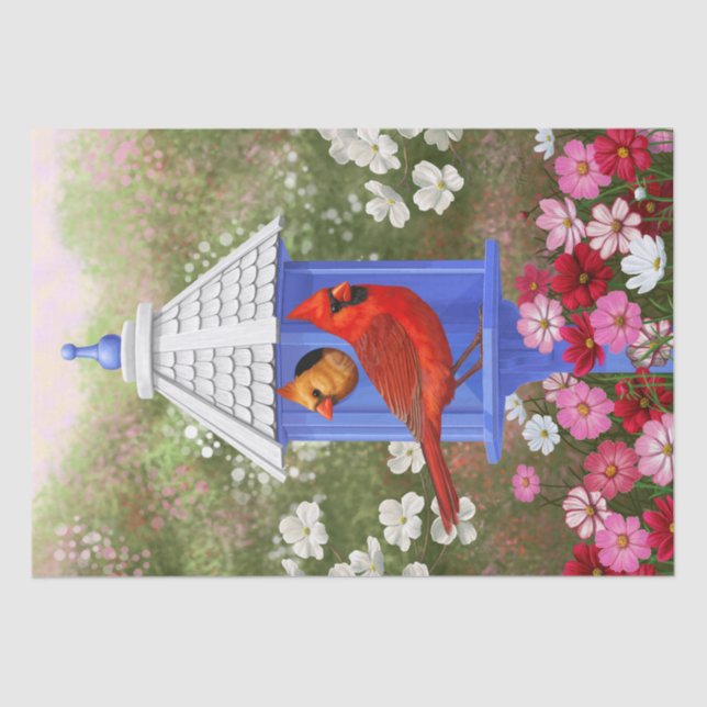 Papel De Seda Red Cardinals Bird House Flower Garden (Anverso)