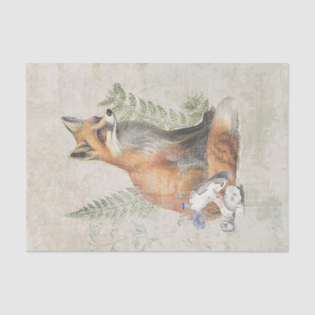 Papel De Seda Red Fox Fern Mushroom Woodland Forest Decoupage (Anverso)