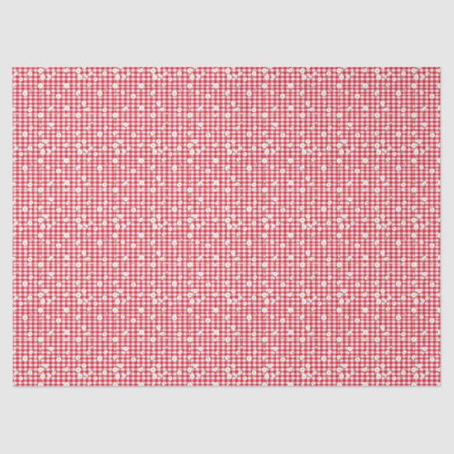 Papel De Seda Red Gingham con Pequeños Daisies Blancos (Anverso)