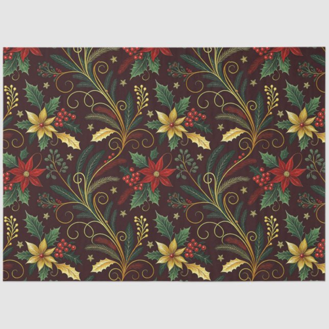 Papel De Seda Red Gold Green Christmas Florals Decoupage  (Anverso)