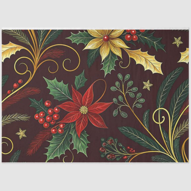 Papel De Seda Red Gold Green Christmas Florals Decoupage  (Anverso)