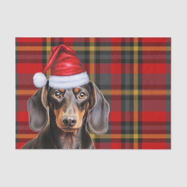 Papel De Seda Red Holiday Plaid Smooth Coat Dachshund Christmas (Anverso)
