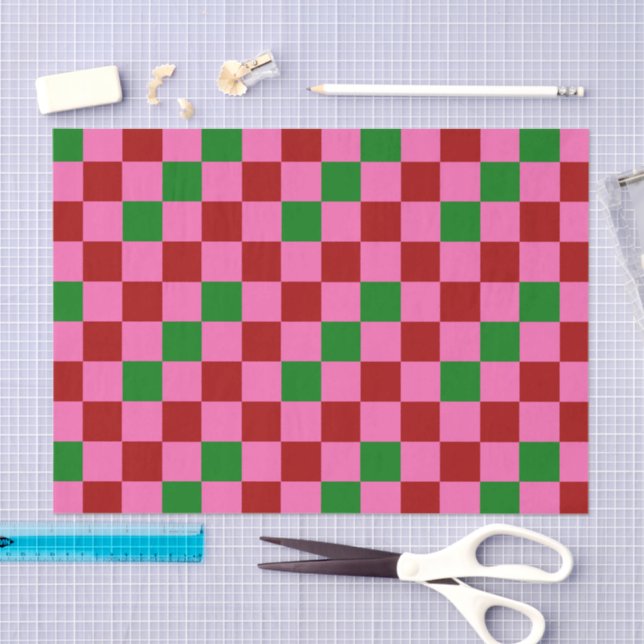 Papel De Seda Red Pink Green Checkered Pattern Design  (Artesanía)