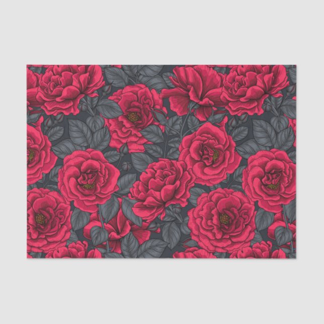 Papel De Seda Red roses with gray leaves on black (Anverso)