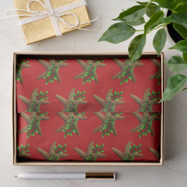 Papel De Seda Red Starfish n Holly Pattern Navidades (Regalo )