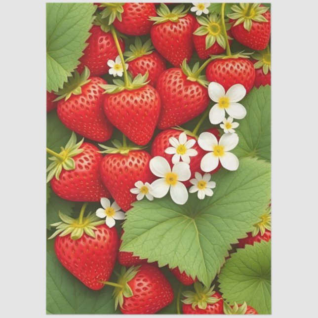Papel De Seda Red Strawberry With White Flowers & Green Leaves (Anverso)