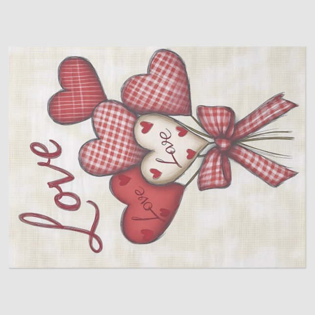 Papel De Seda Red y Gingham Love Heart Bouquet Decoupage (Anverso)