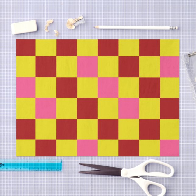 Papel De Seda Red Yellow Pink Checkered Pattern Design  (Artesanía)
