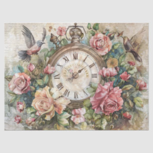 Papel De Seda Reloj Antiguo con Decoupage de Pájaros y Rosas