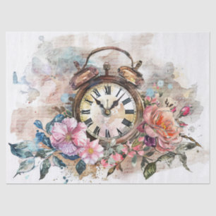 Papel De Seda Reloj Antiguo con Rosas y Caligrafía Decoupage