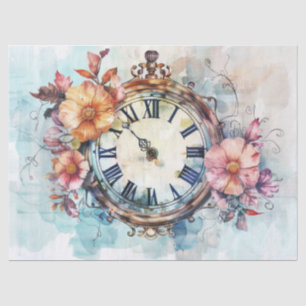 Papel De Seda Reloj Antiguo con Rosas y Decoupage de Manuscrito