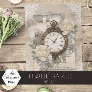 Papel De Seda Reloj Antiguo Flores de Marfil Francés y Encaje An