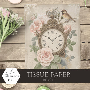 Papel De Seda Reloj Antiguo Rosas Rosadas & Pájaro Cottagecore 