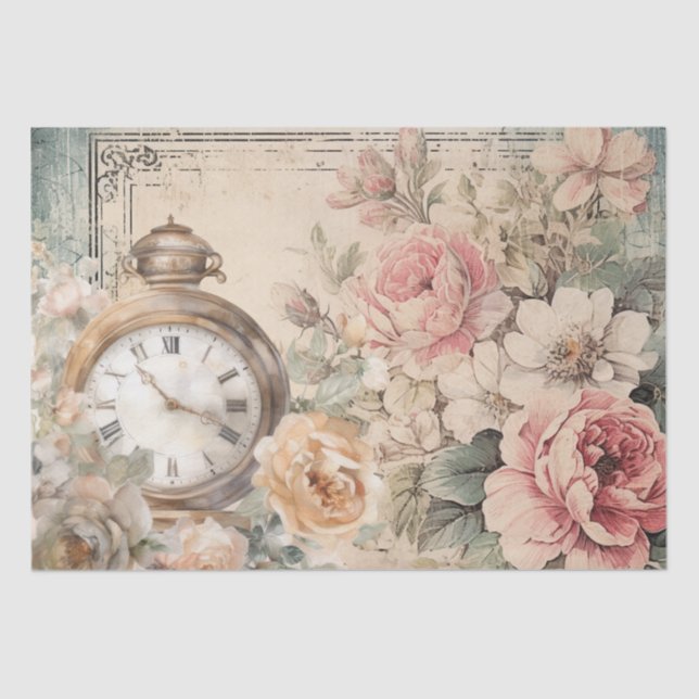 Papel De Seda Reloj de antigüedades de rosas rosas rosas rosadas (Anverso)