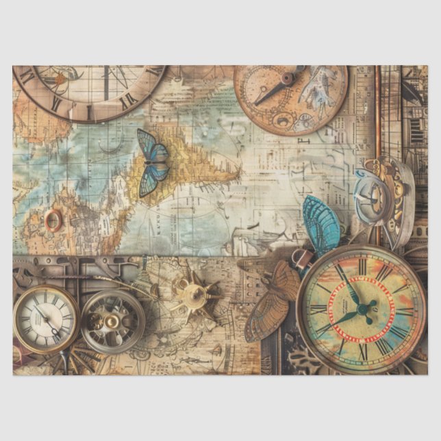 Papel De Seda Reloj de Efímera Steampunk Mapa Engranajes Decoupa (Anverso)