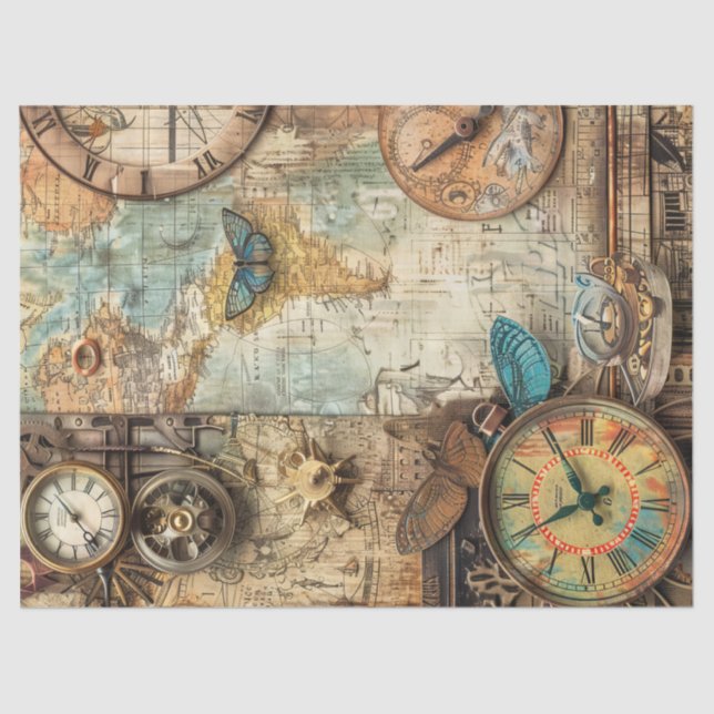 Papel De Seda Reloj de Efímero Steampunk Mapa engranajes decoupa (Anverso)