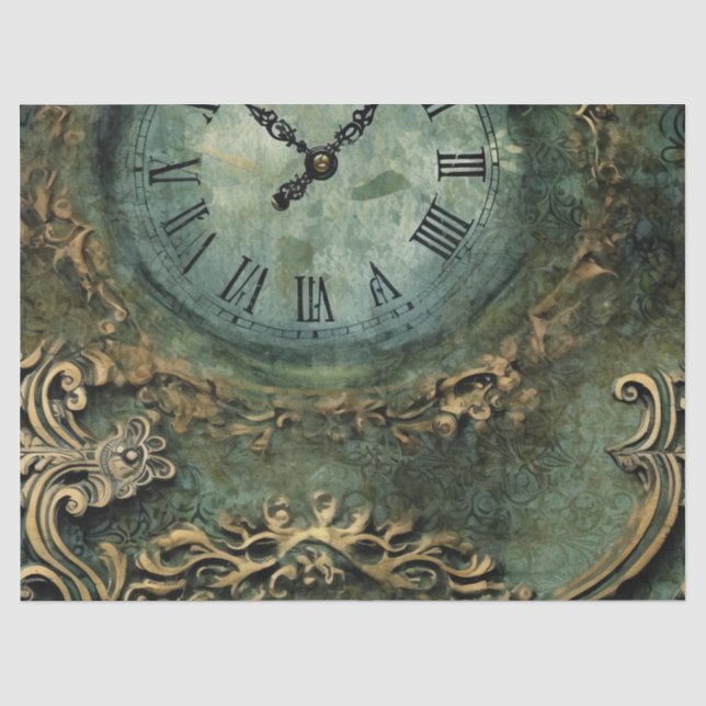 Papel De Seda Reloj Steampunk Rústico Verde Esmeralda (Anverso)