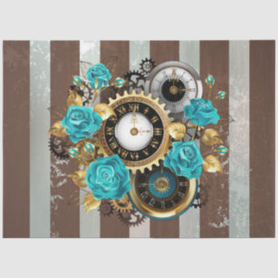 Papel De Seda Reloj Steampunk y Rosas turquesas a rayas