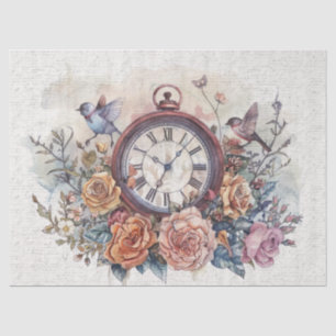 Papel De Seda Reloj vintage con pájaros y desconfianza de Rosas
