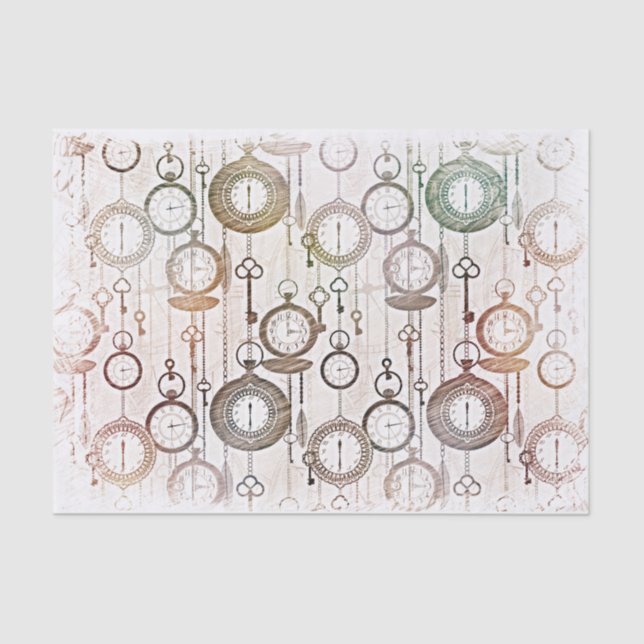Papel De Seda Relojes antiguos, patrón de piezas horarias, ilust (Anverso)