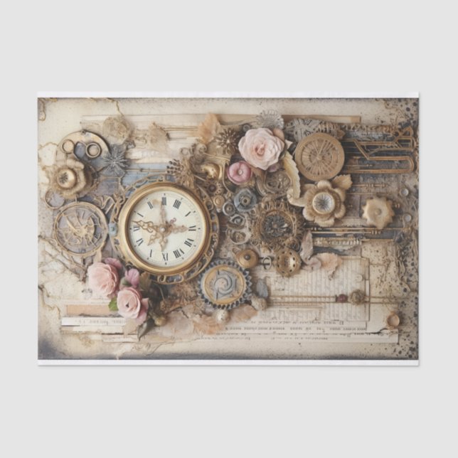 Papel De Seda Relojes, engranajes, flores y efemera (Anverso)