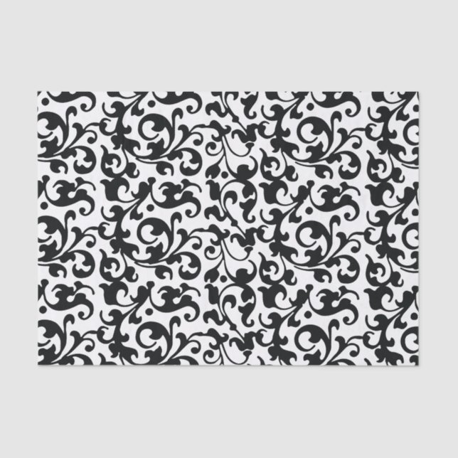 Papel De Seda Remolinos blancos y negros elegantes del damasco (Anverso)