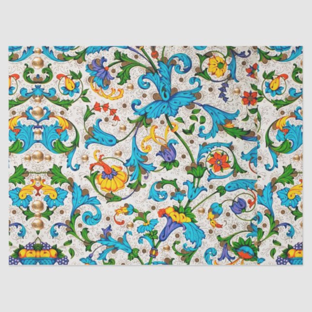 PAPEL DE SEDA REMOLINOS FLORALES AZULES DE RENACIMIENTO FLORENTI (Anverso)