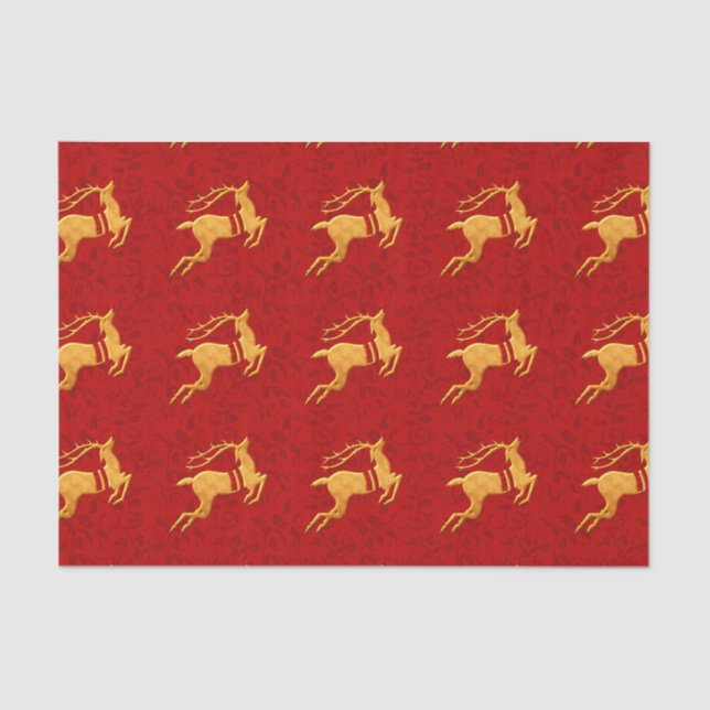 Papel De Seda Reno dorado envuelto en damasco rojo (Anverso)