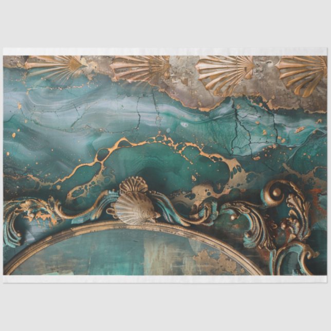 Papel De Seda Resumen de océanos y conchas, arte de medios mixto (Anverso)