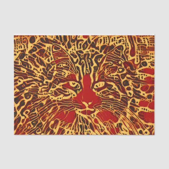 Papel De Seda Resumen tribal Tabby Cat Rojo Yellow Hippie Art (Anverso)