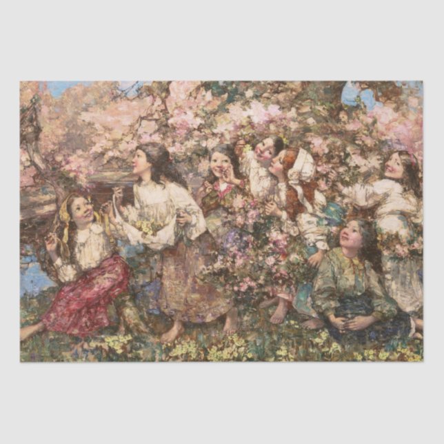Papel De Seda Retraso de primavera (por Edward Atkinson Hornel) (Anverso)