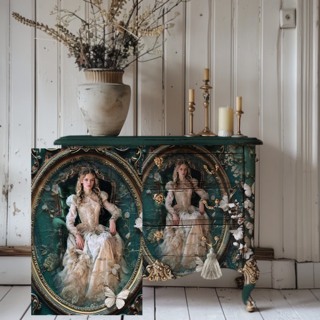 Papel De Seda Retrato Art Edwardian Era Emerald Green (Vintage Edwardian Era Haunting Beauty Portrait Floral & Butterflies Furniture Decoupage Tissue Paper)