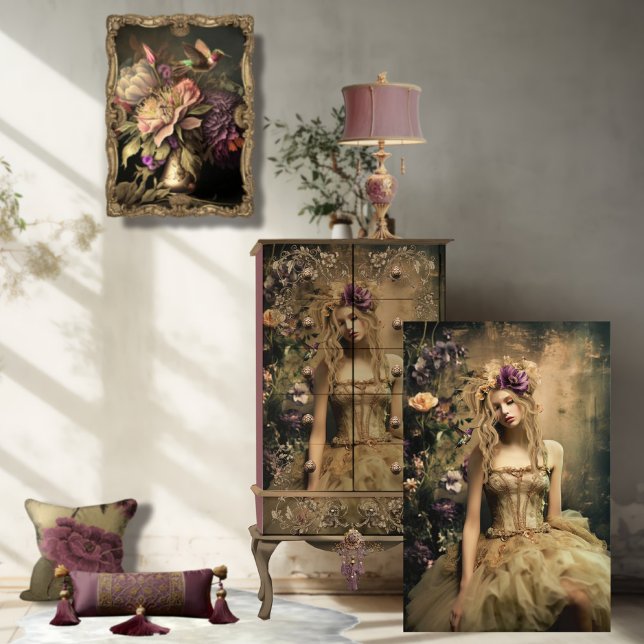 Papel De Seda Retrato de Ballerina Green, Hummingbird y Floral (Ethereal Ballerina Beauty, Humming Bird and Floral Portrait Art, in Green Chartreus & Purple.)