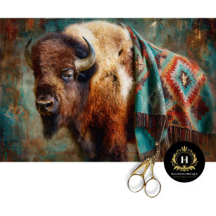 Papel De Seda Retrato de Bisonte Turquesa Muebles Decoupage