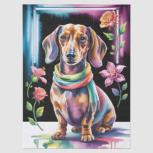 Papel De Seda Retrato de Dachshund en luz de neón y marco floral