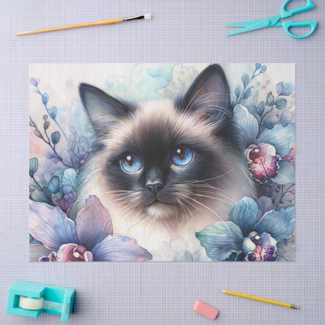Papel De Seda Retrato de flores de orquídea de gato siamés (Artesanía)