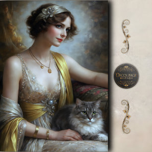Papel De Seda Retrato de Gato Mujer Elegante Decoupage