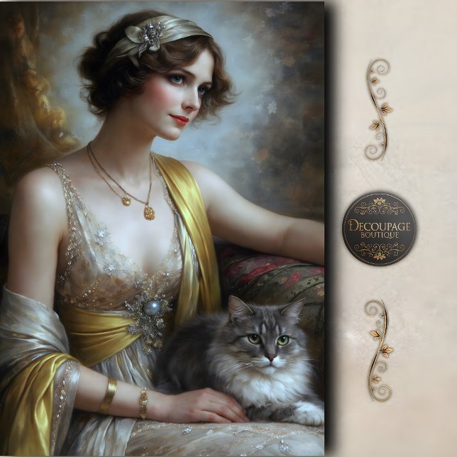 Papel De Seda Retrato de Gato Mujer Elegante Decoupage (Elegant Woman Cat Portrait Decoupage Tissue Paper)