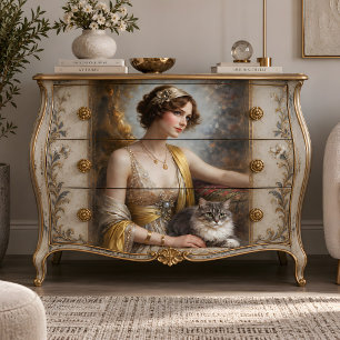 Papel De Seda Retrato de Gato Mujer Elegante Decoupage