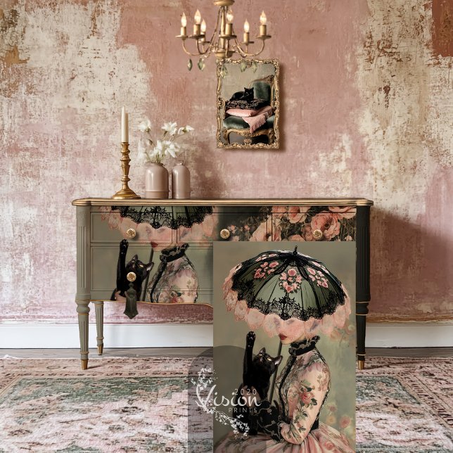 Papel De Seda Retrato de gato negro y mujer victoriana parasol (Cat Lady, Victorian Woman, black cat & Parasol, French, Salmon pink and Sage Decoupage tissue paper)