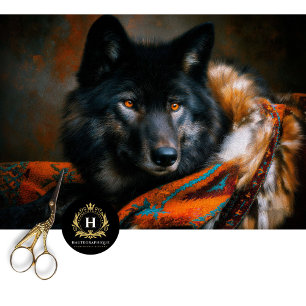 Papel De Seda Retrato de Lobo Negro Turquesa Ascuas
