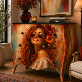 Papel De Seda Retrato de mujer pelo rojo floral sonrisa