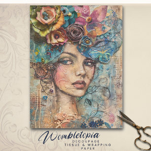 Papel De Seda Retrato de musa floral bohemio, collage de desfalc