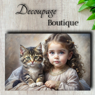 Papel De Seda Retrato de Niño y Gatito Decoupage