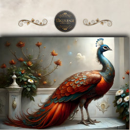 Papel De Seda Retrato de Pavo Real Ornamentado Decoupage Rojo