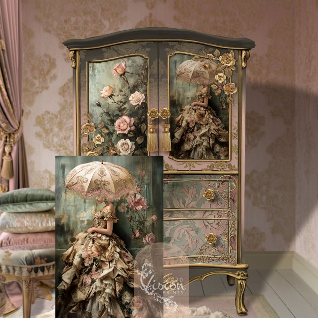 Papel De Seda Retrato de Romance de Rosa Rococó & Floral (Rococo Romance Elegant Woman, Bouffant dress & Parasol, Portrait Art Decoupage Tissue Paper)