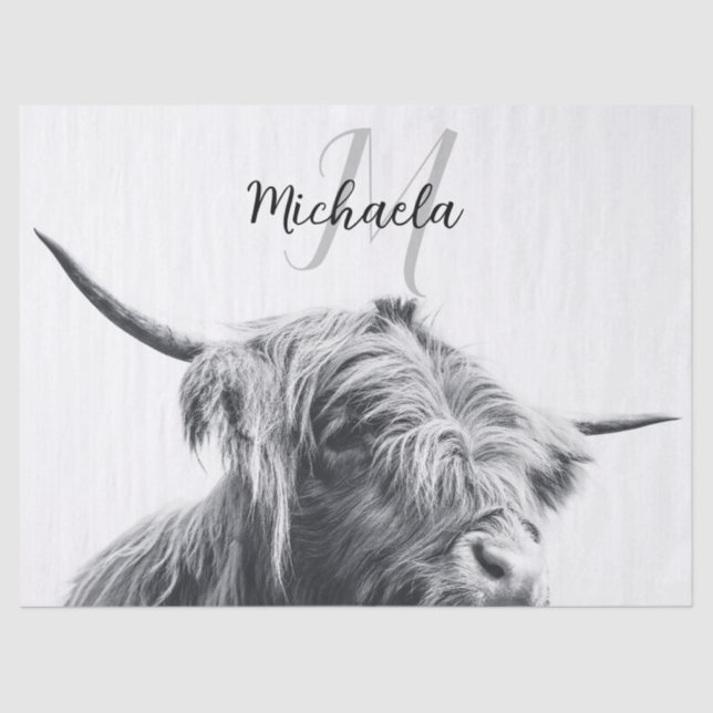 Papel De Seda Retrato de vaca Highland monograma inicial blanco  (Anverso)