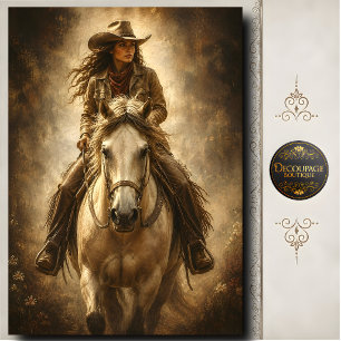 Papel De Seda Retrato de vaquera occidental montando caballo bla