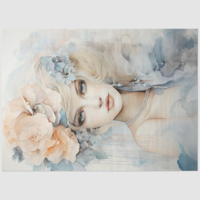 Papel De Seda Retrato femenino retro de durazno verde pastel (Anverso)